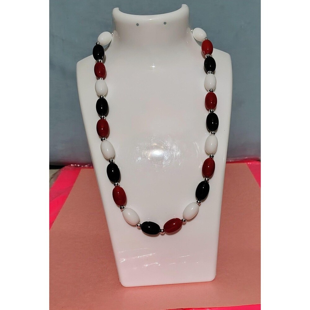 Kim Rogers Spectator Lucite Bead Necklace Statement Oval Jewelry Red White Blue